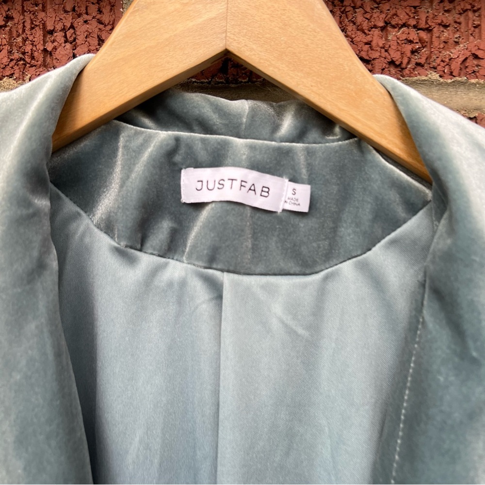 JustFab Dusty Blue Velvet Long Line Belted Blazer Suit Jacket Overcoat - Picture 4 of 5